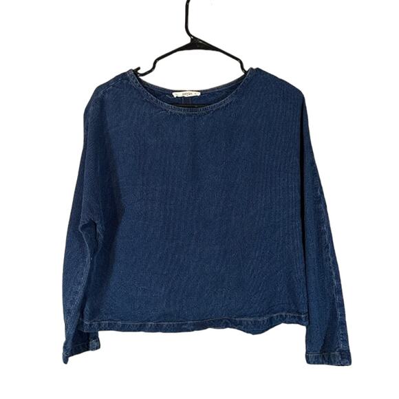 Mango Blue Long Sleeve Crew Neck Casual Denim Shirt Women Sz S - Picture 1 of 8
